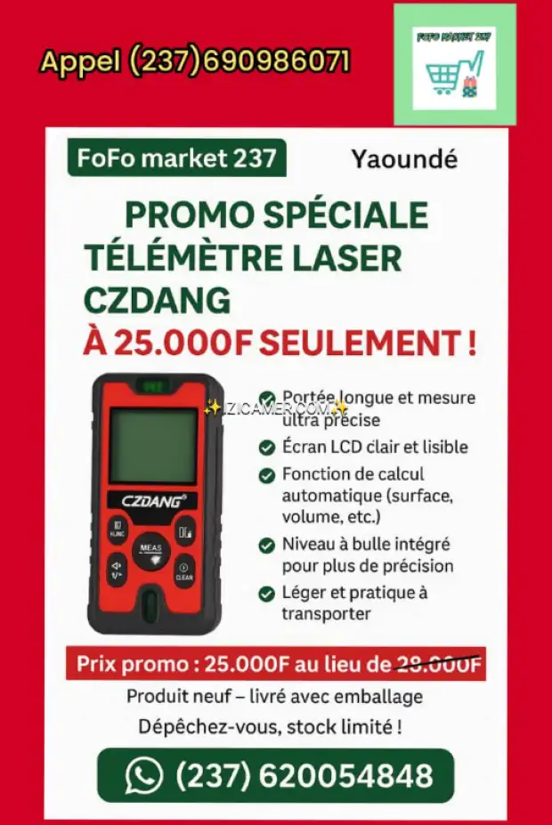 TÉLÉMÈTRE LASER (120m), marque CZDANG pour télé mesurage des longueurs, surfaces et volumes