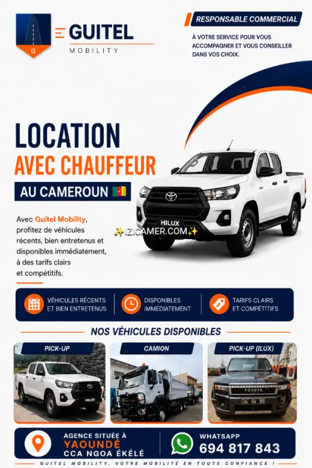 Véhicules de tourisme et camions bennes en location dans la ville de Yaoundé
