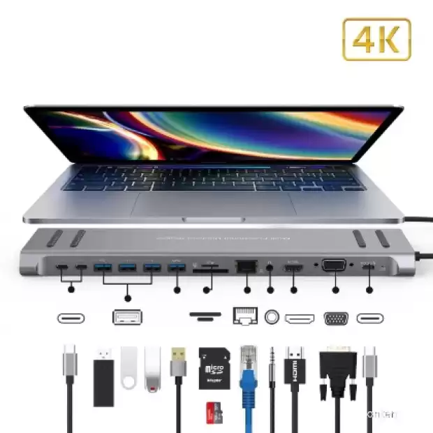 14 en 1 USB Type-C Hub Multifonction Dock Type-C vers HDMI/VGA/SD/TF/RJ45/USB 3.0/Audio/USB-C | IZICAMER