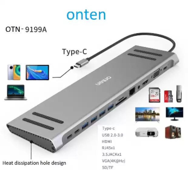 14 en 1 USB Type-C Hub Multifonction Dock Type-C vers HDMI/VGA/SD/TF/RJ45/USB 3.0/Audio/USB-C | IZICAMER
